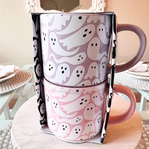 🩷 PASTEL PINK + PURPLE Ghost Mug Set Stackable Halloween Mugs NEW Elum Home - Picture 6 of 6